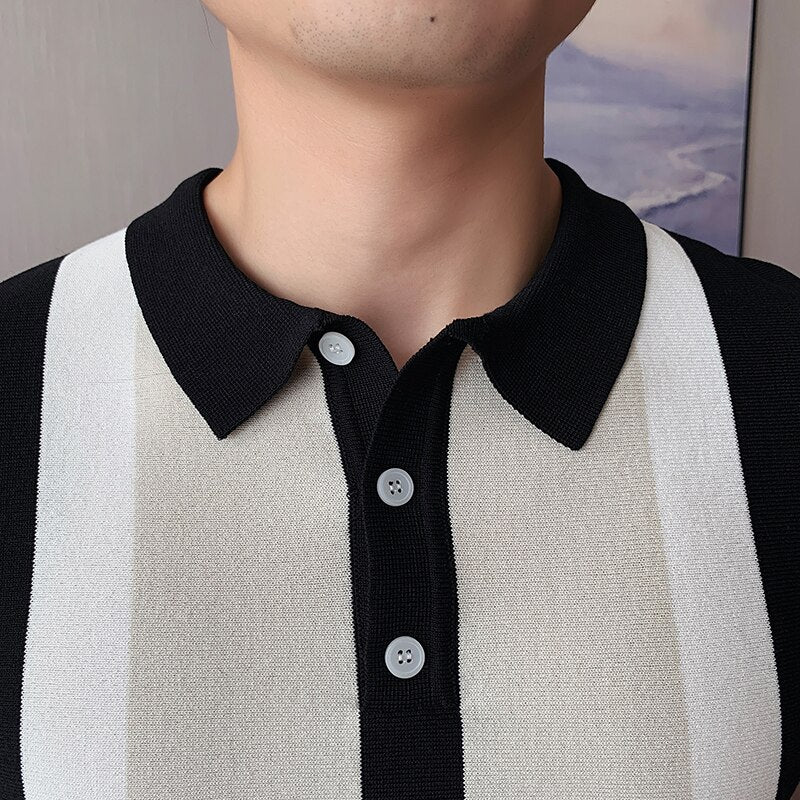 Shirt Men Stripe Patchwork Knitting Casual Lapel Pullover Summer Fashion