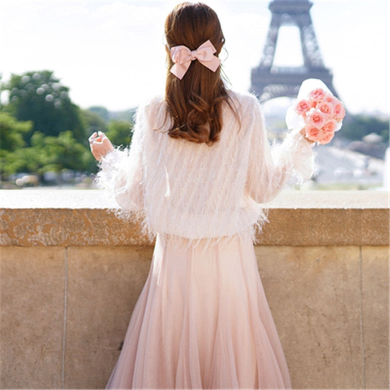 feather tassel mesh splicing ladies temperament long stand-up collar long-sleeved