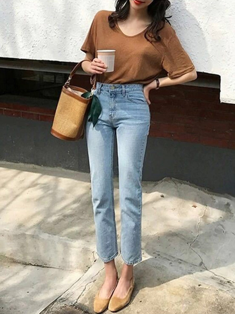 Jeans Women High Waist Streetwear Cotton Casual Denim Pants Trousers Straight
