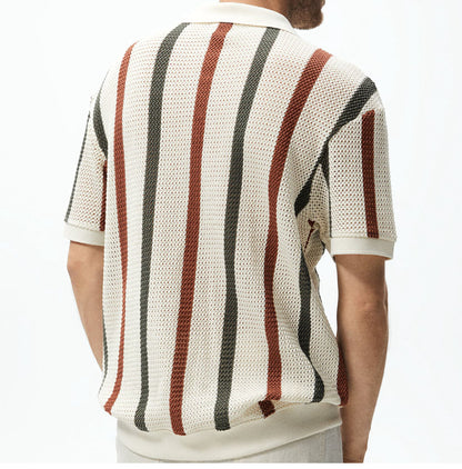 Men's Summer Chunky Knit Short-Sleeve Polo Shirt With Stripes And Contrast Colors, Casual Wear For Daily Outings