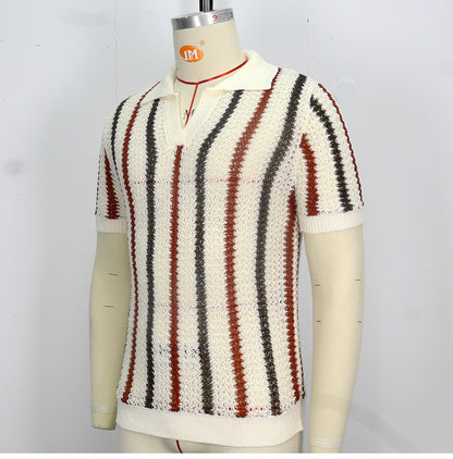 Men's Summer Chunky Knit Short-Sleeve Polo Shirt With Stripes And Contrast Colors, Casual Wear For Daily Outings