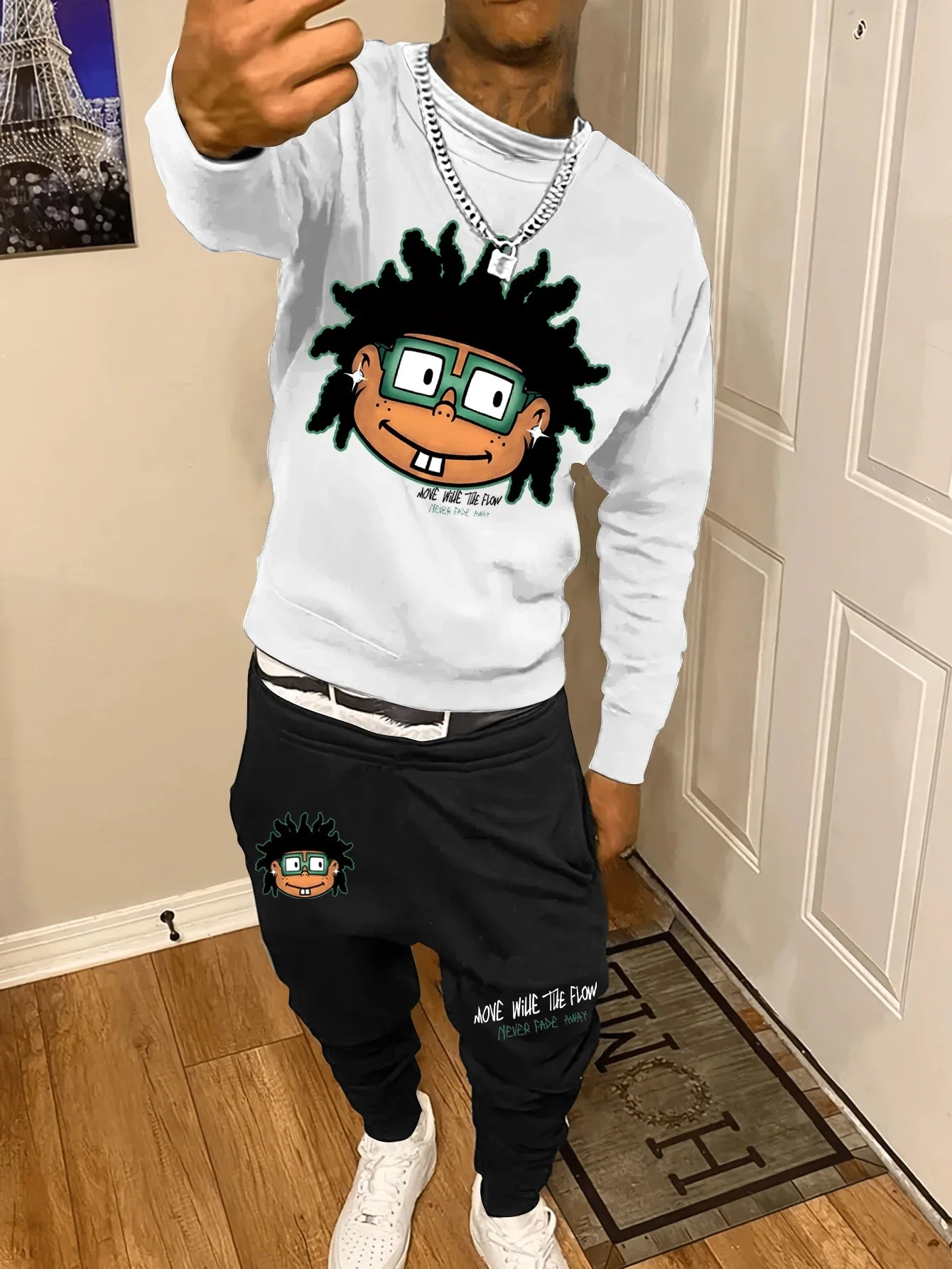 Autumn and Winter Trendy New Sweatshirt Men's Loose Casual Fit With Cute Letter Printed Hundred Long Sleeve Sweatshirt Set