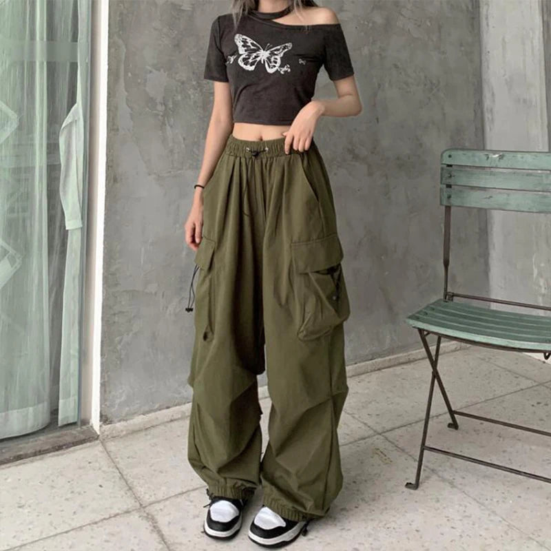 Women Y2K Cargo Pants Solid Low Waist Joggers Tech Pants Drawstring