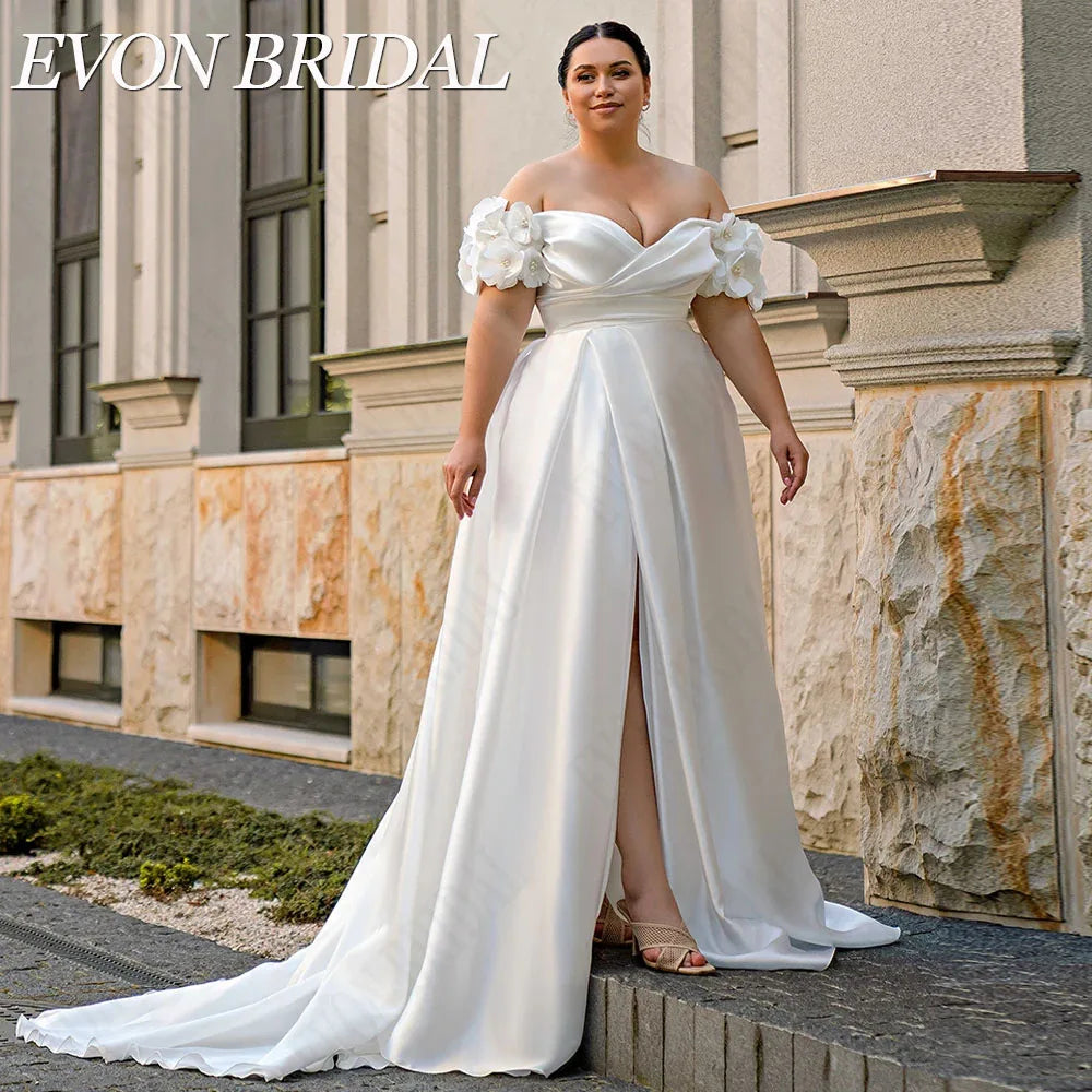 White Bridesmaid Dresses: Wedding Dress Plus Size Satin A-Line Lace Up Off Shoulder