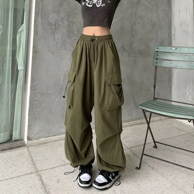 Women Baggy Cargo Pants Y2k Fashion Drawstring Wide Leg Joggers Tech Solid