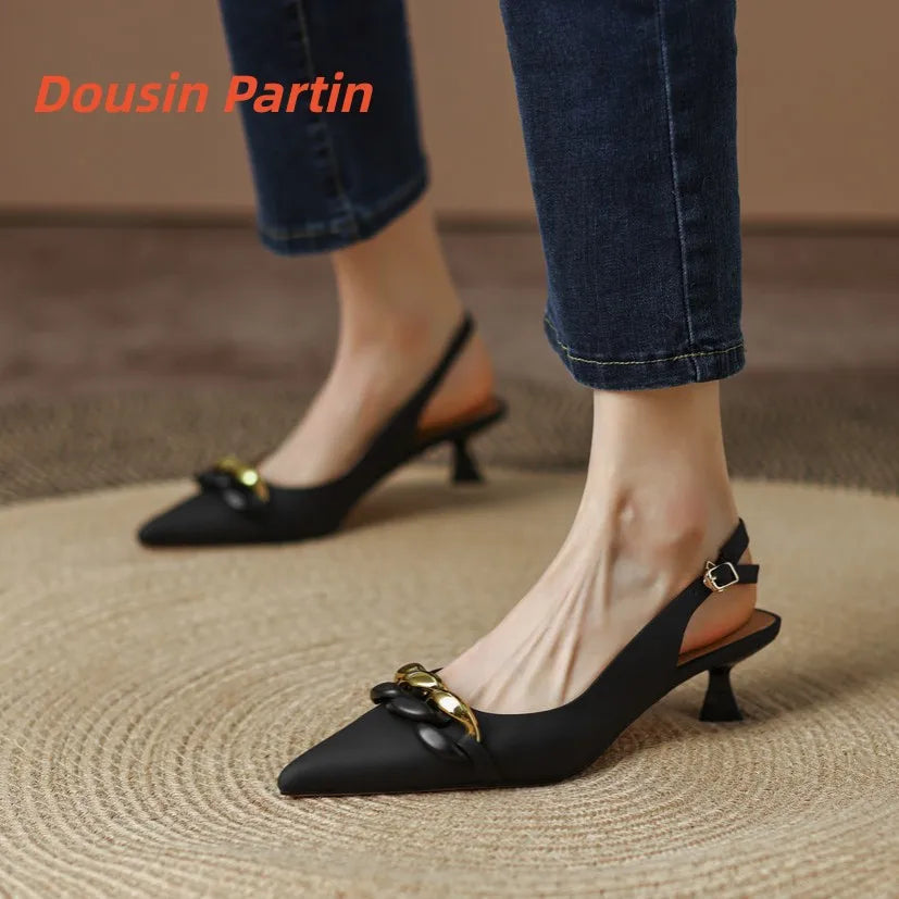 2022 Genuine Leather Women Shoes Pointed Toe Slingback Ladies Pumps Thin Med Heel Buckle Single Shoes