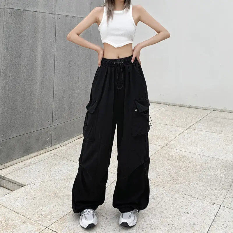 Women Y2K Cargo Pants Solid Low Waist Joggers Tech Pants Drawstring