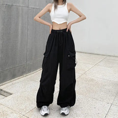 Women Casual Baggy Cargo Pants Solid Low Waist Joggers Tech Pants Drawstring