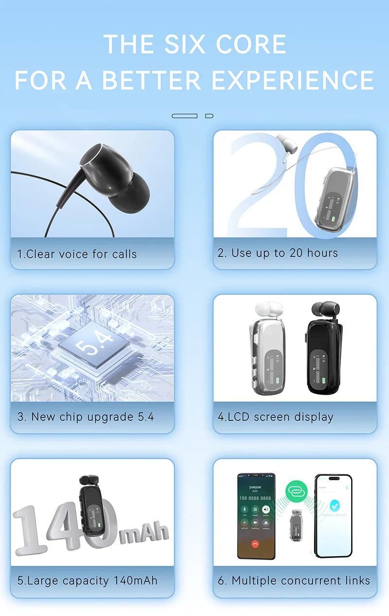 K75 Lavalier Business Bluetooth 5.4 Headphone Talk Time 20 Hours,LED Display,Voice broadcast Wireless Earphones For Work Driving