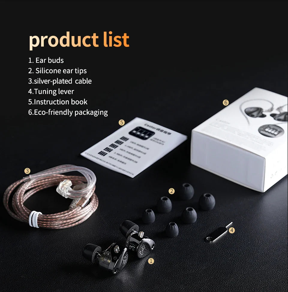 KZ Castor In Ear HiFi Earphone 2 Dynamic High-end Tunable balanced armature Earphones Monitor Headphone Cancelling Earbuds