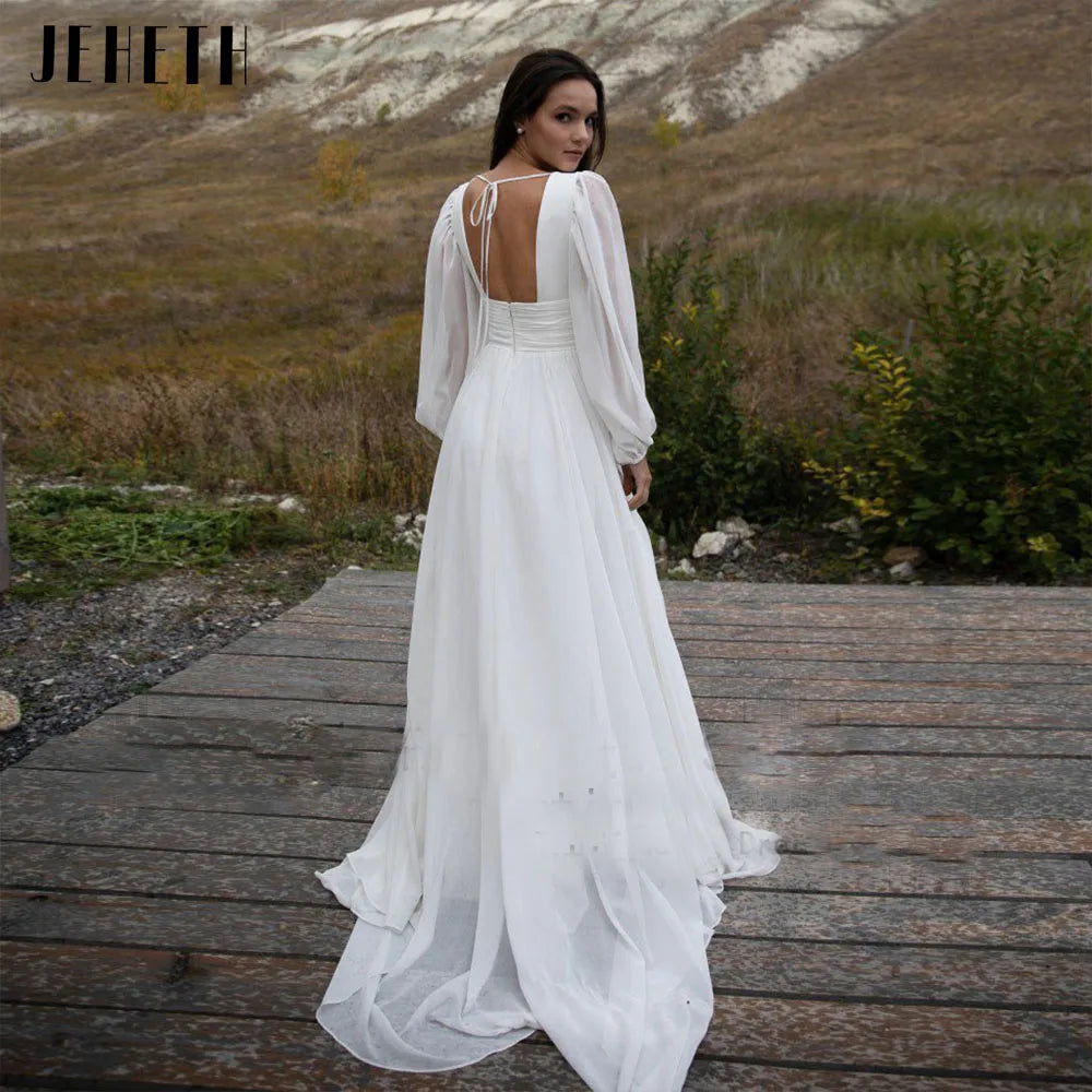 Wedding Dress Bridal Long A Line Backless Beach Bride Gown Sweep Train