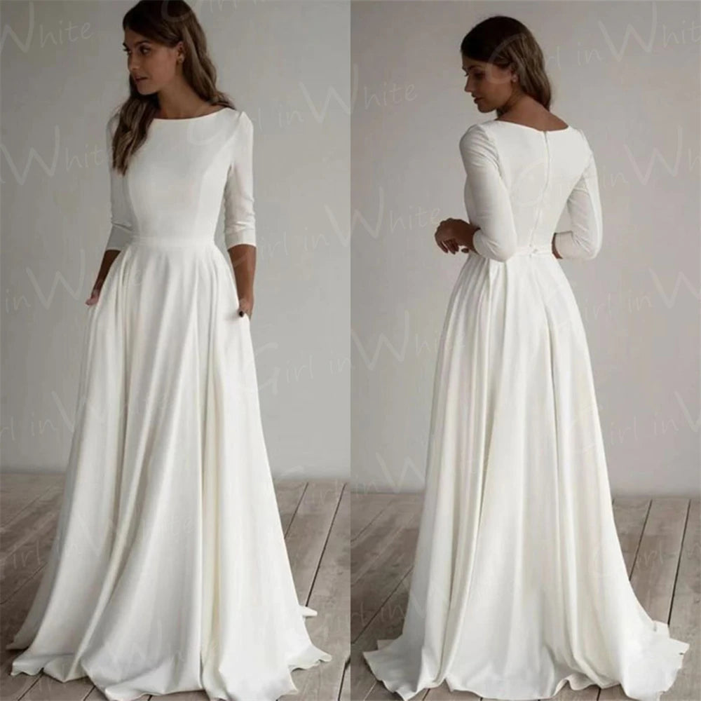 White Bridesmaid Dresses: Wedding Dress Half Sleeve O Neck Bridal Wedding Gown
