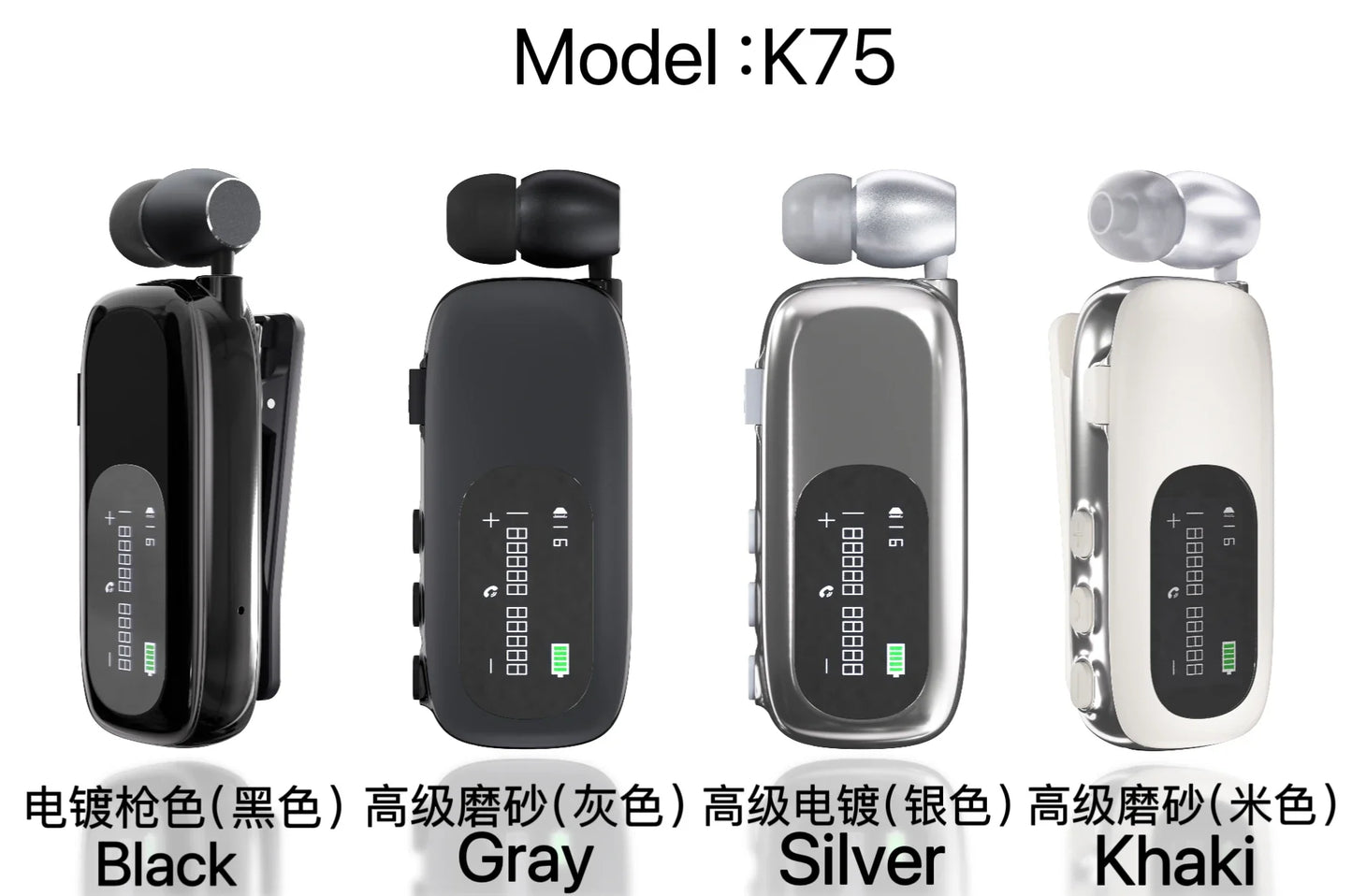 K75 Lavalier Business Bluetooth 5.4 Headphone Talk Time 20 Hours,LED Display,Voice broadcast Wireless Earphones For Work Driving