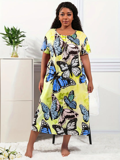Plus Size Casual Loungewear Dress, Women's Plus Tie Dye Butterfly Print Short Sleeve Stretchy Wear Dress, Comfort Y2K Nightdress