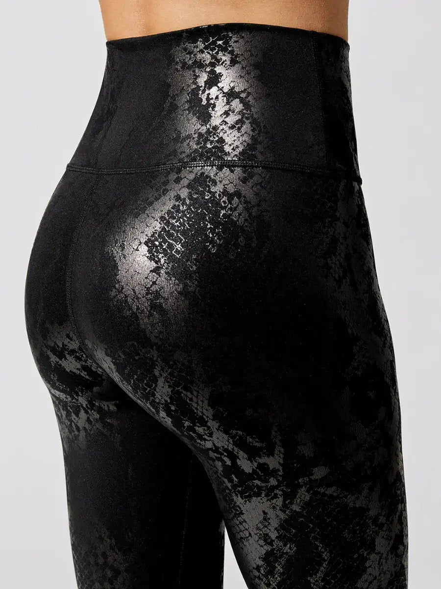 Women's Retro Metallic Snake Gym Leggings Blue Silver Shiny Legging Fitness Bottom