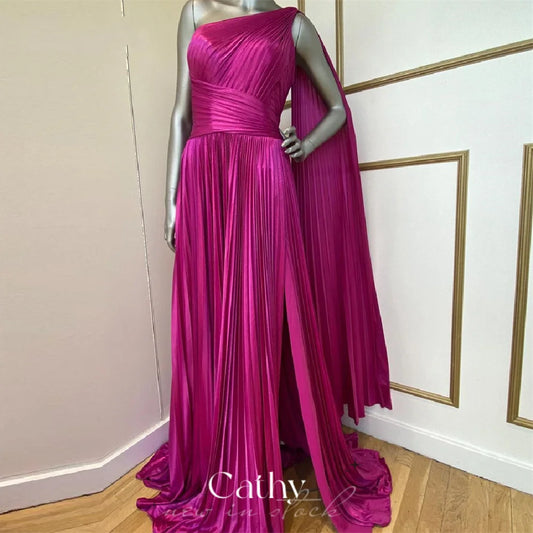 One Shoulder Prom Dress Rose Pink Evening Dress Side Split