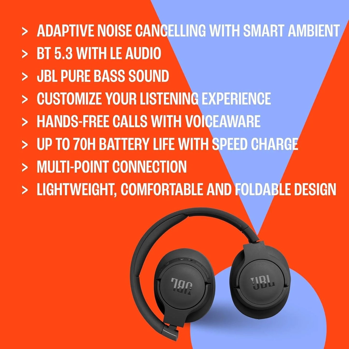 JBL Tune 770NC Wireless Over-Ear Headphones with Adaptive Noise Cancelling, Smart Ambient, Bluetooth 5.3, Black