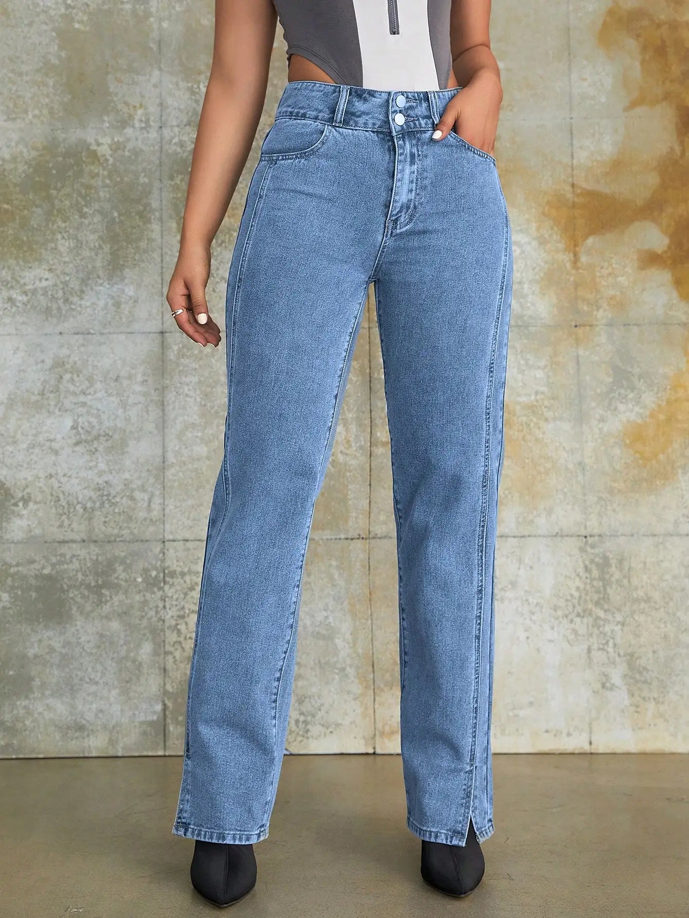 Y2K 2023 Women Fashion Slit Hem Straight Leg Jeans Vintage High Waist Simple Denim