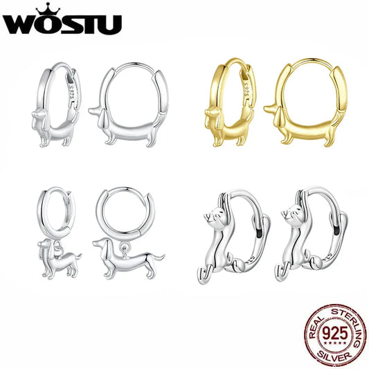 WOSTU Snake Dog Cat Ear Buckles Women 925 Sterling Silver Dachshund Hoop Earrings Girl Party Birthday Gift Minimalism Jewelry
