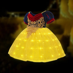 Girls Princess Snow White LED Light Up Dress Puff Sleeve Prom Party Gown Kids