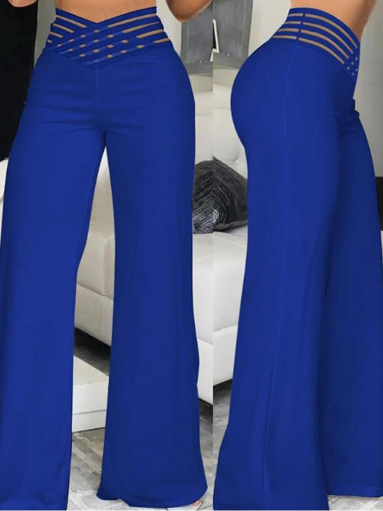 2024 Women Wide Leg Flared Pants Autumn Casual Crisscross Sheer Mesh Patch