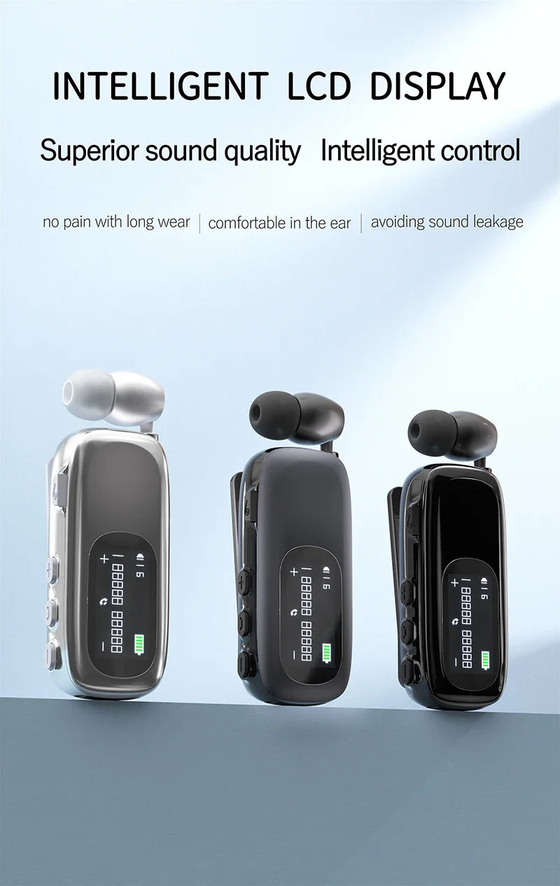 K75 Lavalier Business Bluetooth 5.4 Headphone Talk Time 20 Hours,LED Display,Voice broadcast Wireless Earphones For Work Driving
