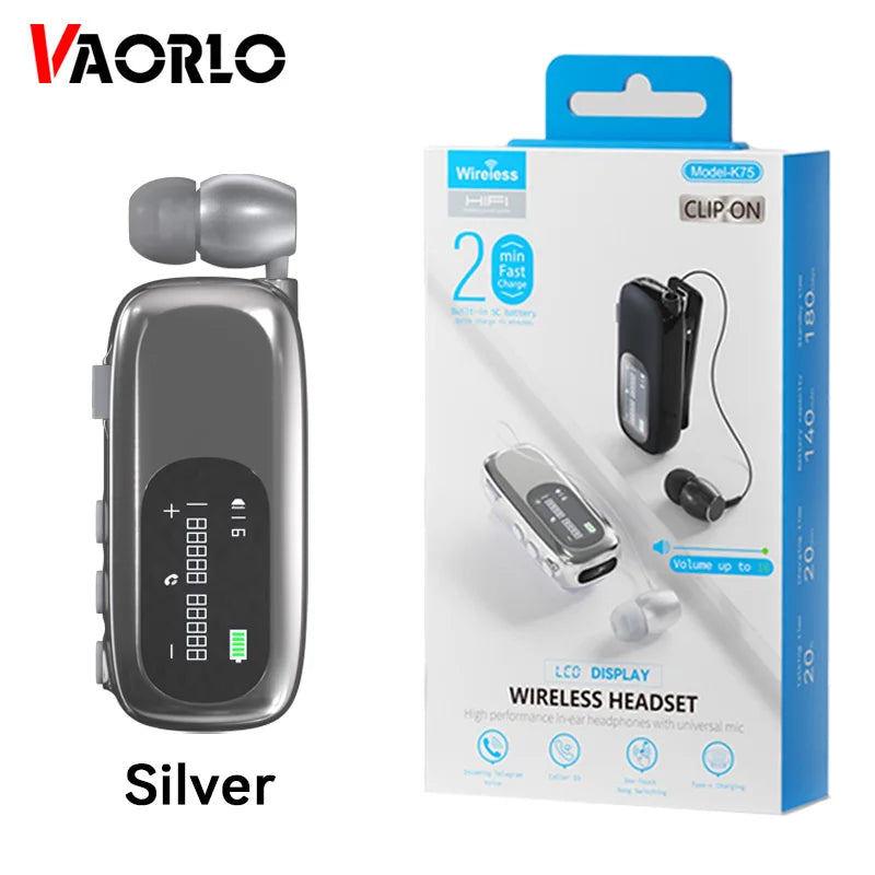 K75 Lavalier Business Bluetooth 5.4 Headphone Talk Time 20 Hours,LED Display,Voice broadcast Wireless Earphones For Work Driving