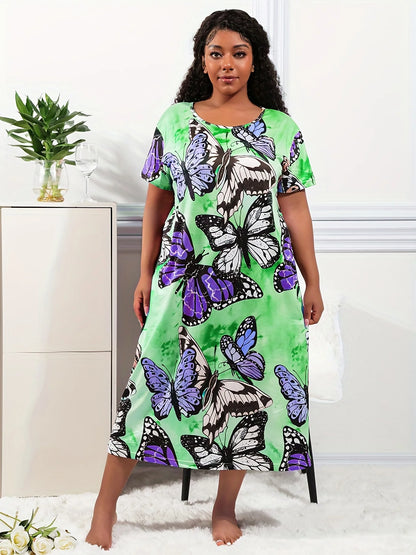 Plus Size Casual Loungewear Dress, Women's Plus Tie Dye Butterfly Print Short Sleeve Stretchy Wear Dress, Comfort Y2K Nightdress