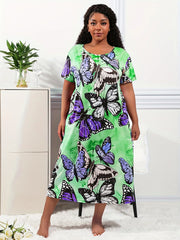 Plus Size Casual Loungewear Dress, Women's Plus Tie Dye Butterfly Print Short Sleeve