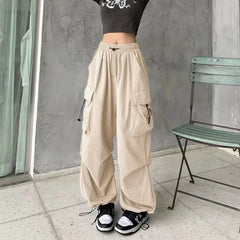 Women Y2K Cargo Pants Solid Low Waist Joggers Tech Pants Drawstring