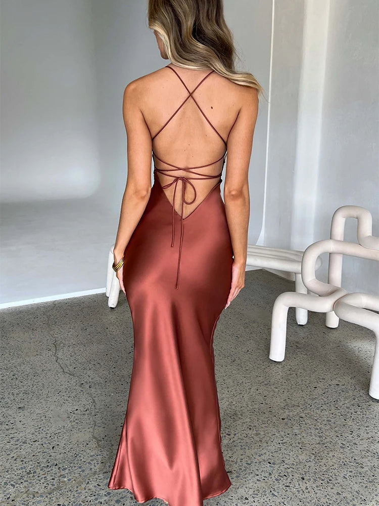 Articat Satin Backless Lace Up Mermaid Slip Dress Women Sweetheart Neck