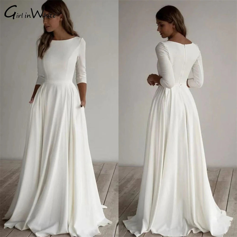 White Bridesmaid Dresses: Wedding Dress Half Sleeve O Neck Bridal Wedding Gown