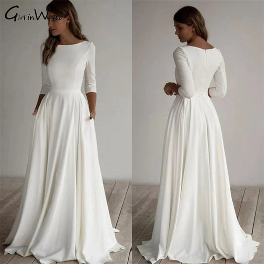 White Bridesmaid Dresses: Wedding Dress Half Sleeve O Neck Bridal Wedding Gown