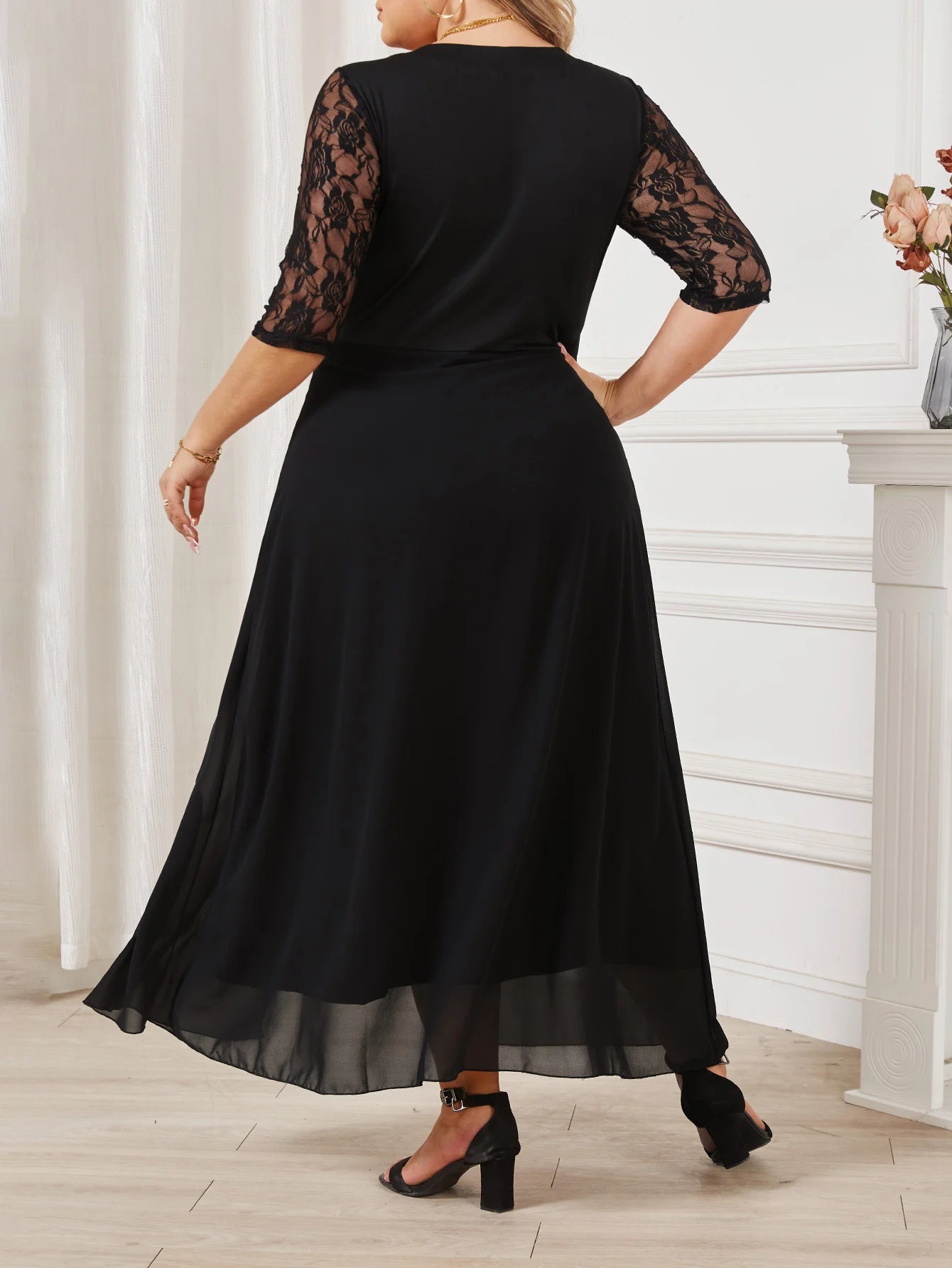 Summer Black Long Dress Female Lace Patchwork See Through Sexy Elegant and Pretty Women's Dresses Plus Size Women Clothing