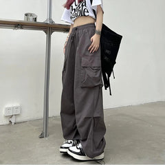 Women Casual Baggy Cargo Pants Solid Low Waist Joggers Tech Pants Drawstring