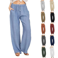 Women's Cotton Linen Pants Casual Loose Solid Elastic Waist Pocket Straight Trousers