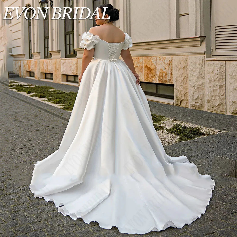 White Bridesmaid Dresses: Wedding Dress Plus Size Satin A-Line Lace Up Off Shoulder