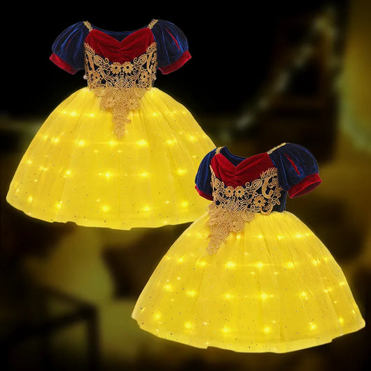 Girls Princess Snow White LED Light Up Dress Puff Sleeve Prom Party Gown Kids