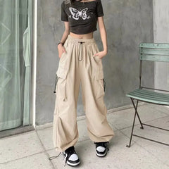 Women Baggy Cargo Pants Y2k Fashion Drawstring Wide Leg Joggers Tech Solid