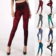 Women Stretch Fitness Leggings Vintage Imitation Jeans High Waist Slim Pants Fashion