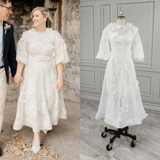 Appliques Lace Wedding Dress For Plus Size Women Modern Zipper Puffy Sleeve