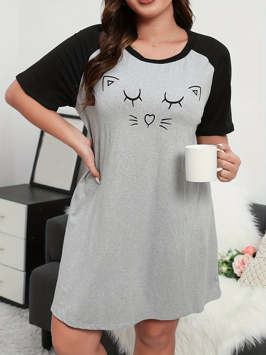 Plus Size Fashion Loungewear Dress, Women's Plus Cartoon Cat Print Raglan Short Sleeve Medium Stretch Comfort Nightdress