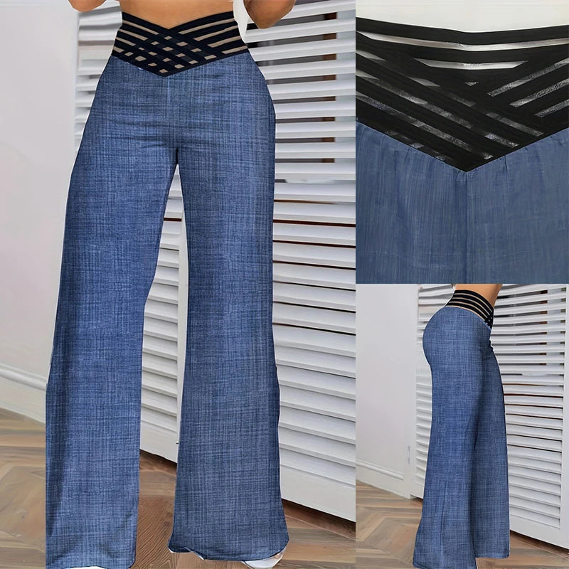 2024 Women Wide Leg Flared Pants Autumn Casual Crisscross Sheer Mesh Patch