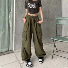 Women Casual Baggy Cargo Pants Solid Low Waist Joggers Tech Pants Drawstring