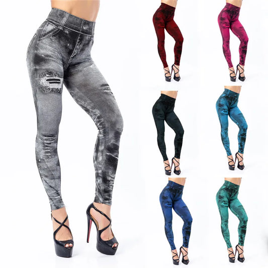 Astic Imitation Jeans Leggings Women Stretch High Waist Pants