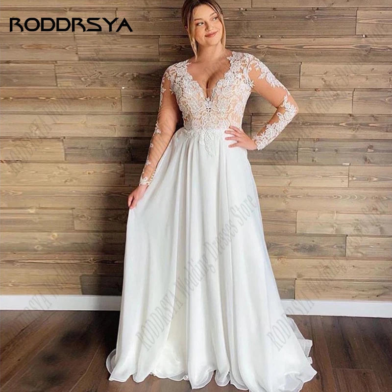 RODDRSYA Plus Size Chiffon Wedding Dresses Sheer Lace Long Sleeves Robe De Mariée Bohème Appliques V-Neck Bridal Gowns Civil