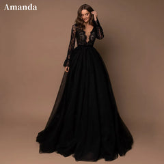 Black Long Sleeve Prom Dress Lace A-line Party Dress