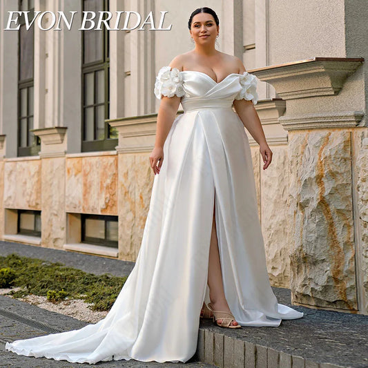 White Bridesmaid Dresses: Wedding Dress Plus Size Satin A-Line Lace Up Off Shoulder