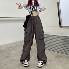 Women Baggy Cargo Pants Y2k Fashion Drawstring Wide Leg Joggers Tech Solid