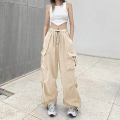 Women Baggy Cargo Pants Y2k Fashion Drawstring Wide Leg Joggers Tech Solid